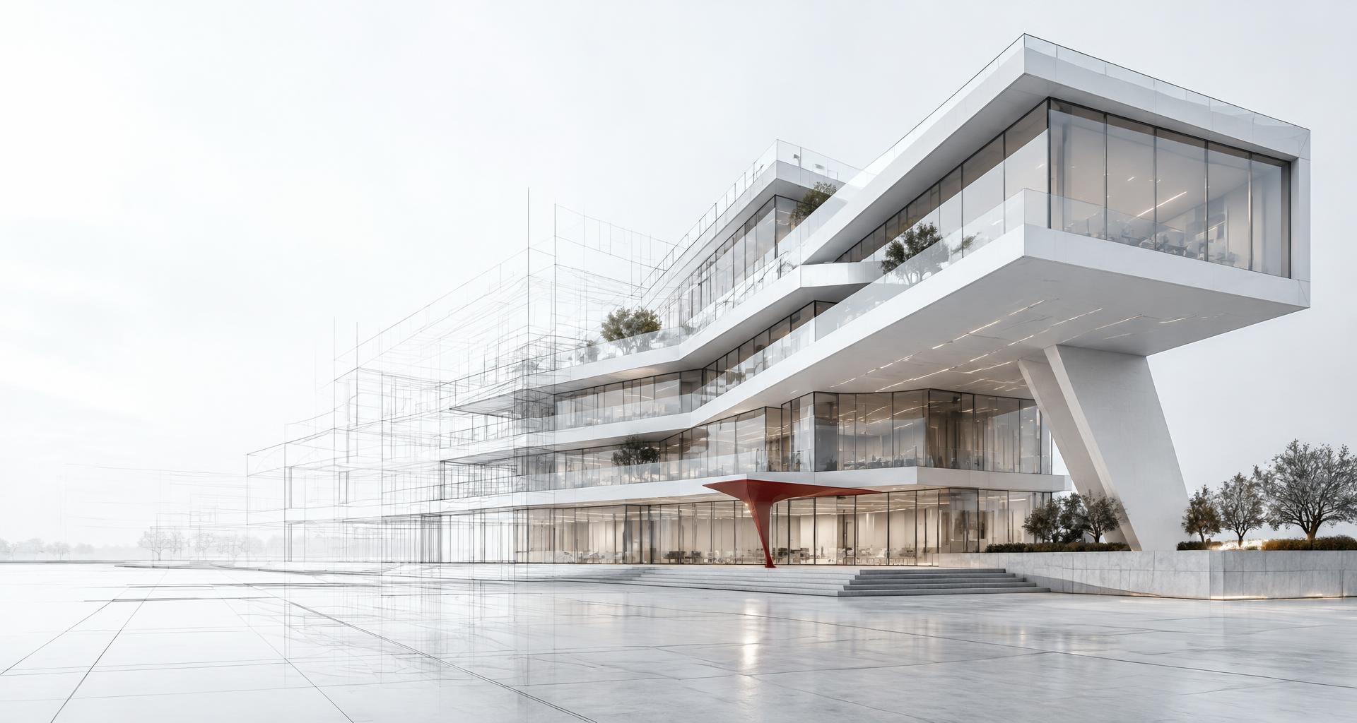 Modern architectural building transitioning from CAD wireframe to a detailed 3D visualisation